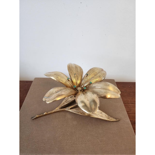 Brass Vintage Italian Gilt Brass Flower Candle Holder Hollywood Regency Floral Centerpiece Gold Metal Lily Sculpture Decor For Sale - Image 8 of 16