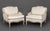 Pair of Louis XV Style White Fabric Upholstered Cerused Wood Bergeres, with Interior Crafts labels beneath cushions....