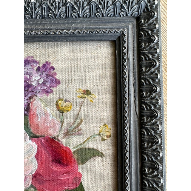 Shabby Chic ‘Vintage Garden” 8x10 Traditional Botanic Inspired Pink and Purple Floral Painting on Natural Linen Canvas Framed in Antique Style Black Frame. For Sale - Image 3 of 8