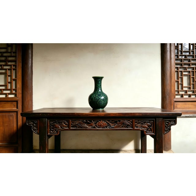 Art Deco Chinese Ceramic Vase Qianlong Marked Green Glaze Black Painting Porcelain Vase Hand Painted Flowers Pattern For Sale - Image 3 of 11