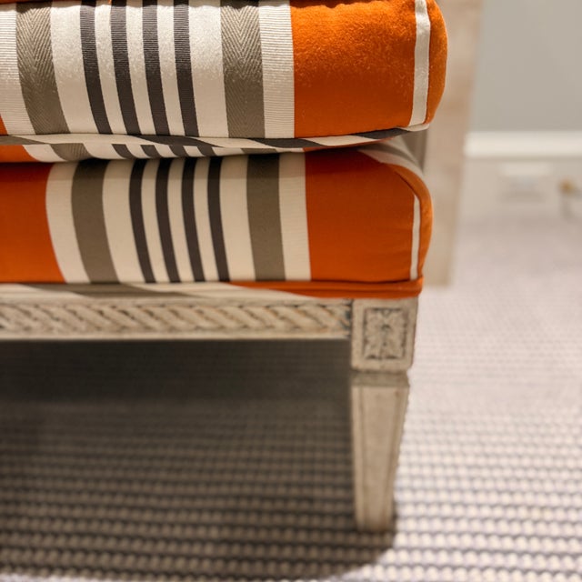 Hickory Chair Furniture Company Pair of Hickory Chair Orange and Gray Striped Ottomans For Sale - Image 4 of 10