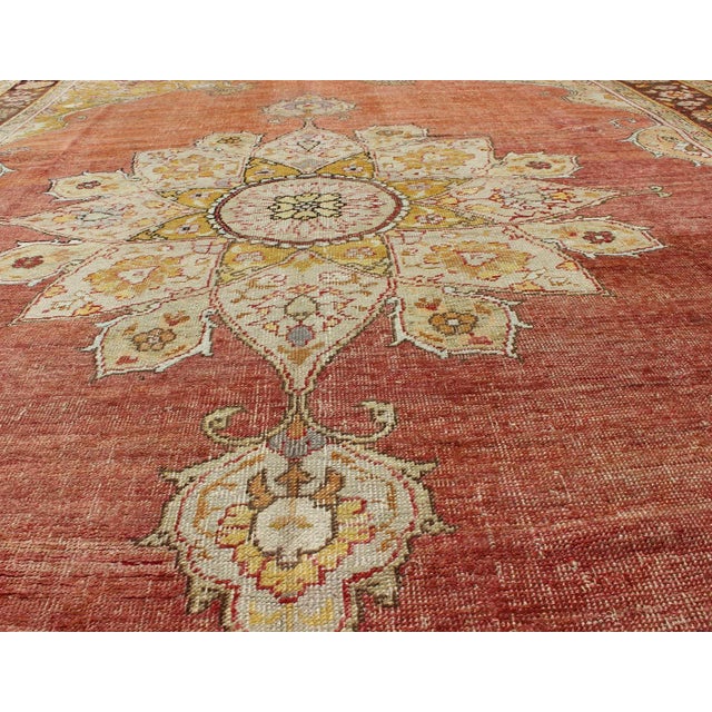 Textile Antique Oushak Medallion Rug in Rose, Pale Green, Light Blue, Gold and Brown For Sale - Image 7 of 8