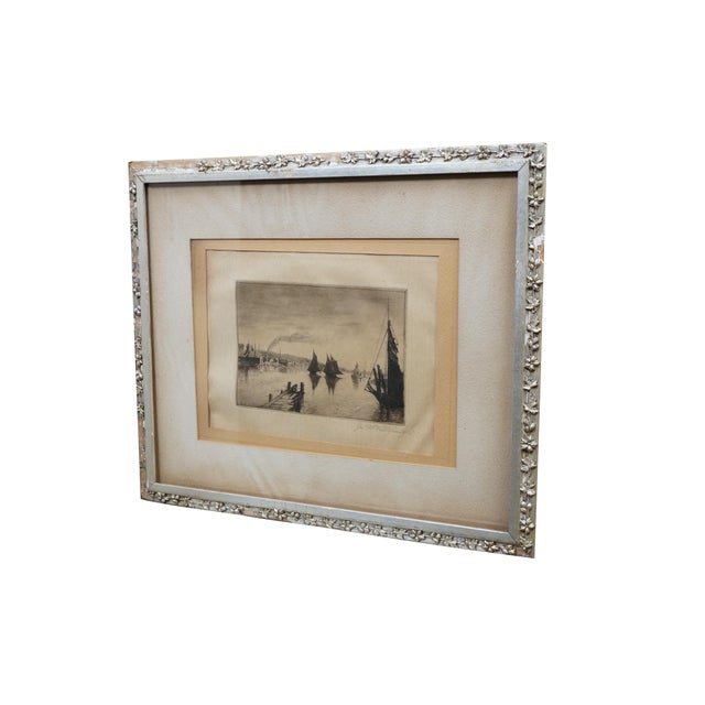 Late 19th century black and white signed etching by John Hill Millspaugh. Nautical maritime seascape showing sailboats in...