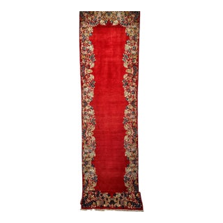 Vintage Persian Kerman Runner Rug, Hand-Knotted Wool, Floral Design, Red & Yellow, 3x13 For Sale