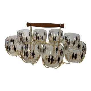 Mid-Century Modern Federal Harlequin Diamond Roly Poly Glasses & Handled Caddie Set- 9 Pieces For Sale