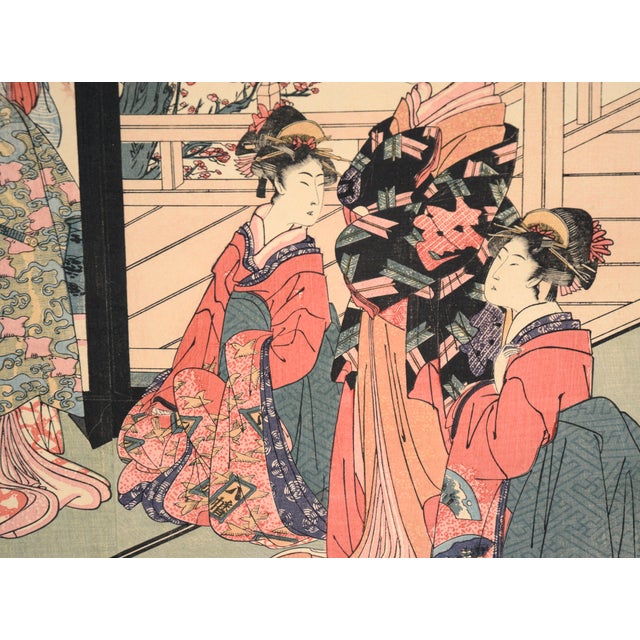 "Toy Horse Dance" Japanese Woodblock Triptych With Beauties and Mt Fuji by Utagawa Toyohiro For Sale - Image 10 of 10