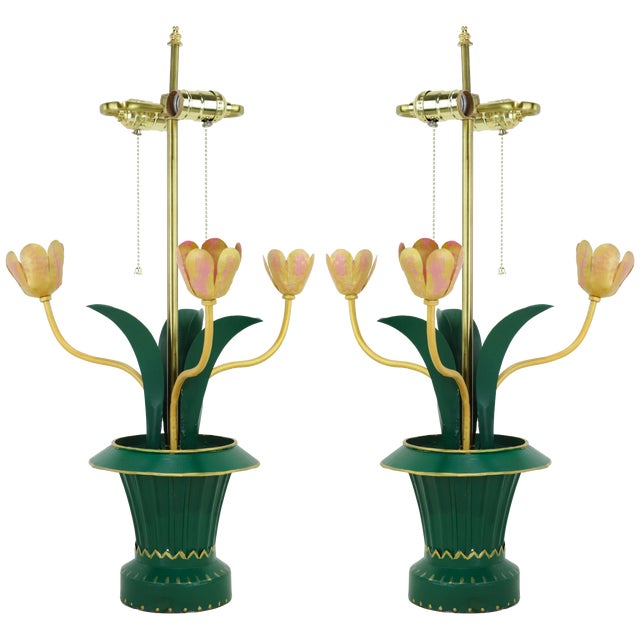Vintage Brunschwig & Fils Green Tole Flower Table Lamps, Yellow and Pink Tulip Design - a Pair For Sale - Image 11 of 11