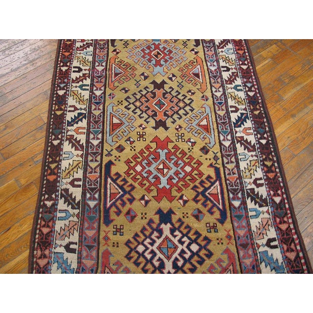1890s Yellow Diamond Antique Caucasian Kuba Rug 3'6"x 10'0" Handknotted Wool Carpet For Sale - Image 4 of 6
