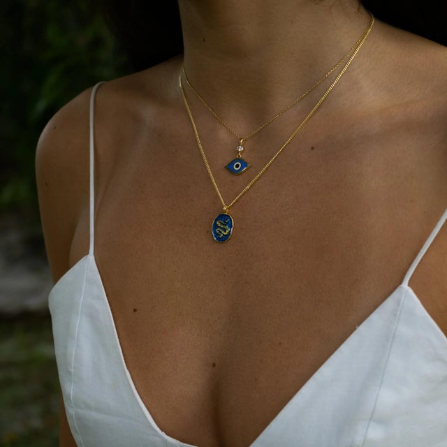 Celestial Protection Deep Blue Evil Eye Gold Necklace For Sale In Miami - Image 6 of 9