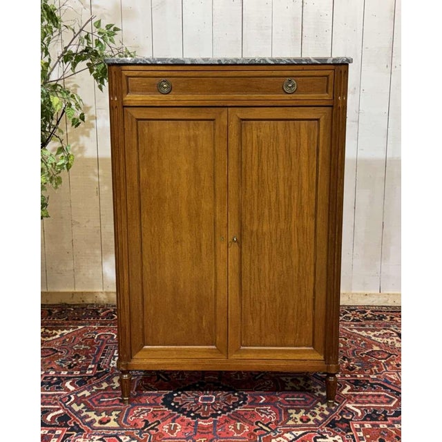 Small Louis XVI style cabinet in mahogany, oak and marble top - drawer in the upper part - W=86cm, H=1m31, D=45cm.