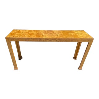 Milo Baughman Style Burl Wood Console Table For Sale