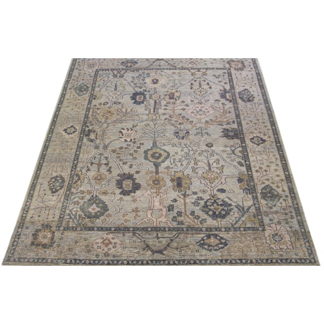 Modern 2010s Modern Oushak Style Wool Rug Handmade With Allover Floral Motif in Grey For Sale - Image 3 of 7