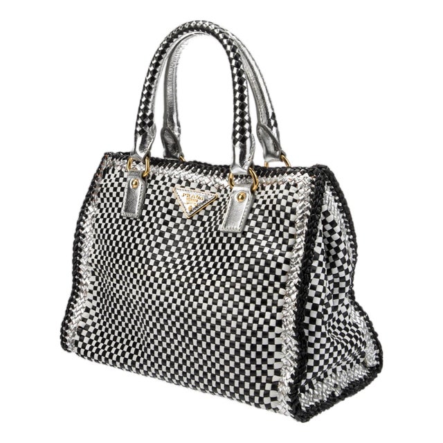 Prada Madras Top Handle Satchel Navy Silver Shoulder Blue Leather Tote HandBag For Sale