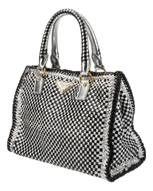 Prada Madras Top Handle Satchel Navy Silver Shoulder Blue Leather Tote HandBag