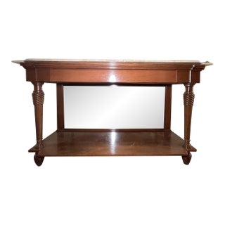 63" Vintage Mahogany Marble Top Console Table With Twisted Legs & Lower Shelf For Sale