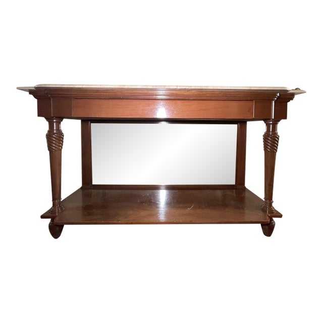 63" Vintage Mahogany Marble Top Console Table With Twisted Legs & Lower Shelf For Sale