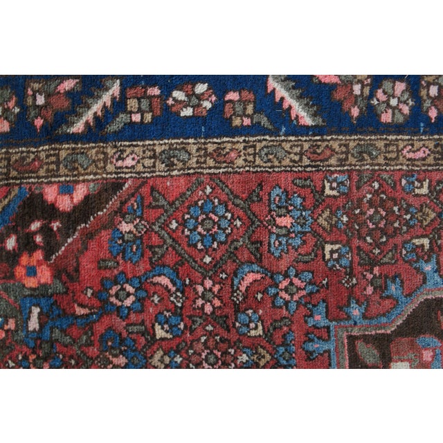 Late 20th Century Vintage Hand Woven Geometric Floral Medallion Red & Blue Area Rug Mat 4 X 6' For Sale - Image 5 of 13