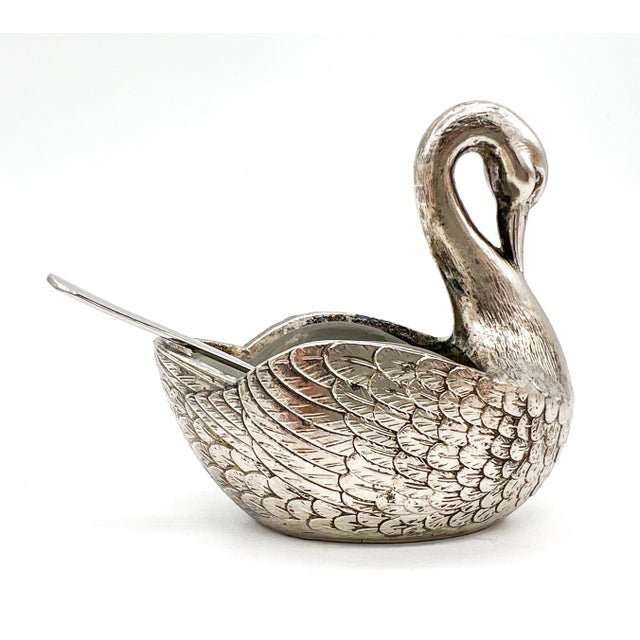 Set of Four Silver -Plated Swan Salt Cellars With Glass Inserts and Spoons — Vintage Tableware, Hollywood Regency Style For Sale - Image 12 of 13