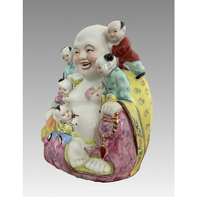 Chinoiserie Vintage Porcelain Famille Jaune Chinese Laughing Buddha With Five Children & Long Life For Sale - Image 3 of 10