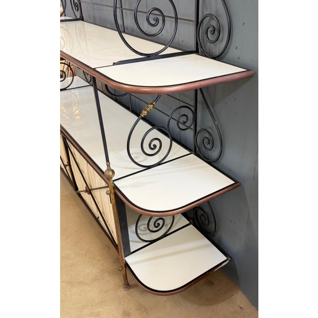 Maison Jansen Style Iron Brass & White Glass Bakers Rack with Cabinet, 1950s For Sale - Image 16 of 18