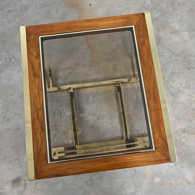 1970s Thomasville Furniture Modern Brass Plated Dark Wood & Smoked Glass Rectangle End Table In the Style of Milo Baughman For Sale - Image 5 of 13