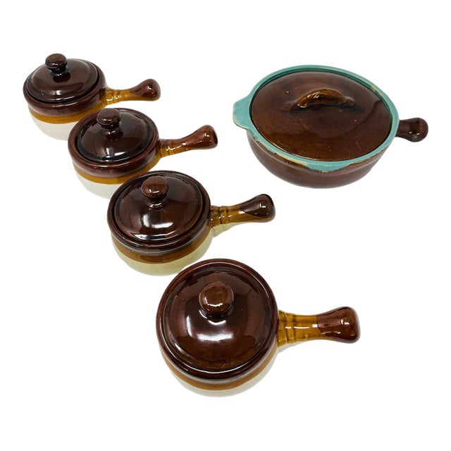 Vintage Lidded Earthen Stoneware Casserole Dish With Serving Bowls a Set of 5 For Sale