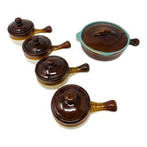 Vintage Lidded Earthen Stoneware Casserole Dish With Serving Bowls a Set of 5