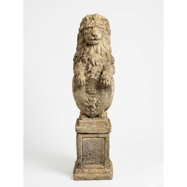 A Pair of Antique English Cast Stone Heraldic Lion Guardians on Pedestals For Sale - Image 4 of 9