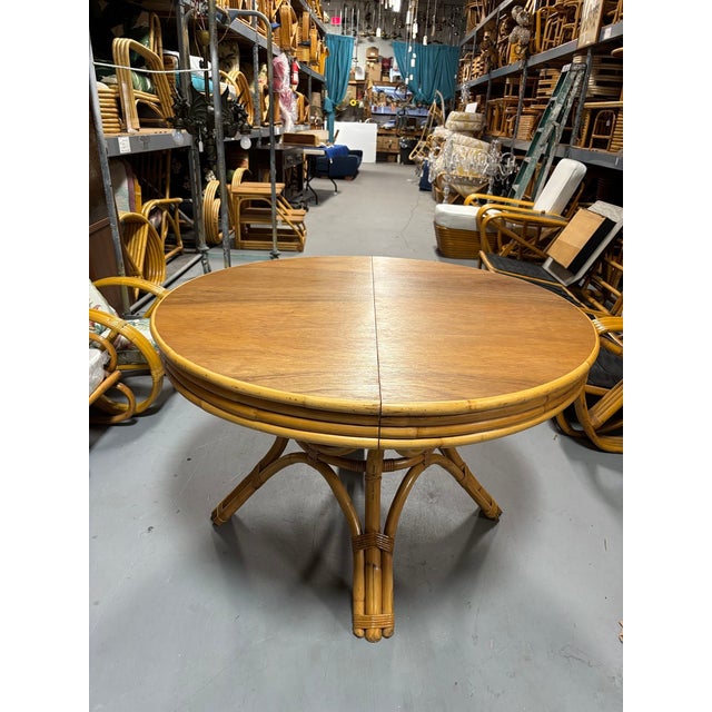 Yellow 1950s Restored Round Rattan & Mahogany Dining Table W/ Leaf For Sale - Image 8 of 12