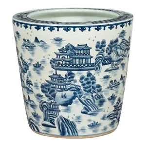 Vintage Chinese Porcelain Cache-Pot Planter with Blue & White Landscape