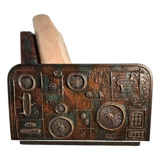 Armani Casa Lounge Chair With Custom Relief Artwork by Lance Kleinsmith Artist Signed, Brutalist Designer Chair For Sale