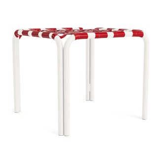 Brown Jordan Kantan Aluminum Stacking Stool/Occasional Table in Chalk with Red Vinyl Strapping For Sale