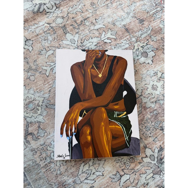 Emmanuel Akolo - Taking Up Space, Small Miniature Painting of Woman Sitting on a Chair, Acrylic on Canvas, (2026) For Sale - Image 4 of 5