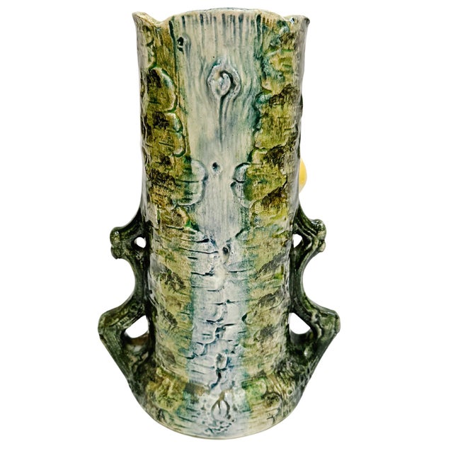 Forest Green Antique 19th C. Austrian Bohemian Majolica Pear Tree Trunk Vase by Josef Strnact For Sale - Image 8 of 14