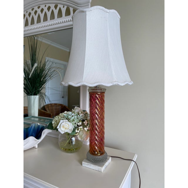 Vintage Pink Iridescent Spiral Column and Clear Hobnail Glass Table Lamp With Marble Base For Sale - Image 13 of 13