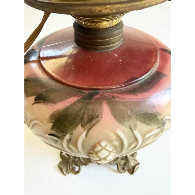 Early 20th Century Hand Painted Floral Gone With The Wind Oil Lamp Converted, w/ Nightlight For Sale - Image 9 of 18