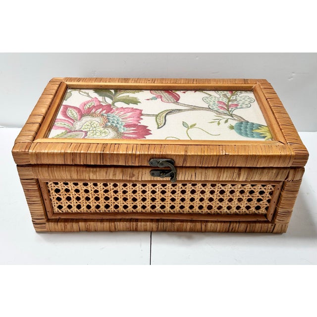 Intage Rattan Cane Glass Top Storage Box With Designer Fabric Insert For Sale - Image 12 of 13