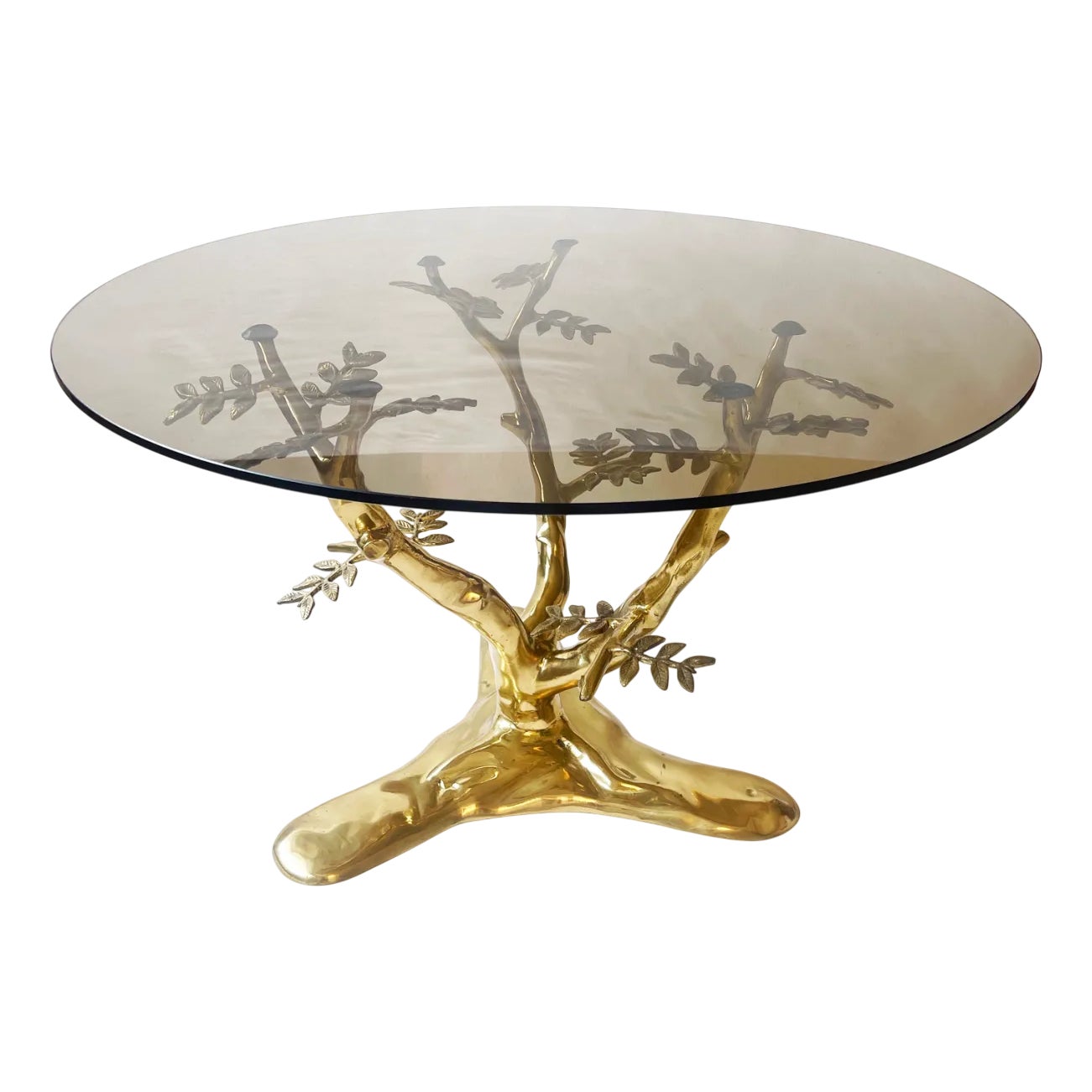 Round Brass Bonsai Tree Coffee Table by Willy Daro, 1990s | Chairish