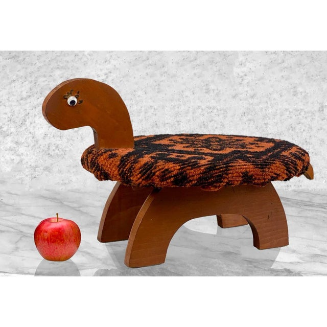 Vintage Boho Orange Argyle Wood Carved Turtle Footstool Ottoman, c.1970's - Pairs Nicely with Many Eclectic & Boho...