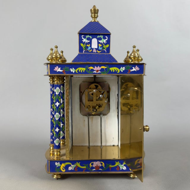 20th Century Pagoda Mechanical Table Clock with Cloisonné Enamels and Gilded Metal For Sale - Image 5 of 11