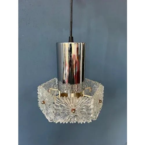 Mid-Century Crystal Glass Hanging Lamp with Chrome Frame For Sale - Image 8 of 11