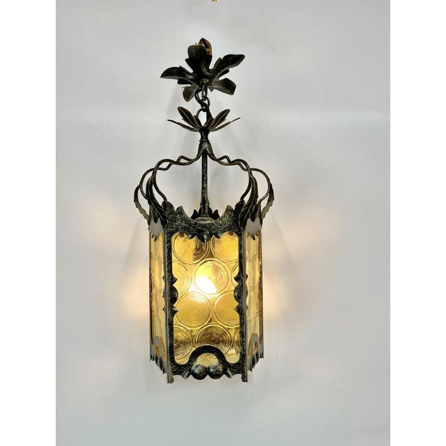Gothic Lantern in Wrought Iron and Amber Glass, 1960s For Sale - Image 4 of 11