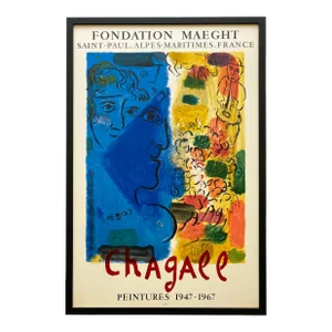 Marc Chagall Vintage 1967 " Le Profil Bleu " Mourlot Fine Art Lithograph Print Framed Mid Century Modern French Exhibition Poster