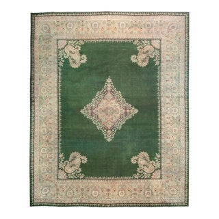 Magnificent Green Open Field With Intricate Floral Medallion Antique Indian Amritsar Rug For Sale