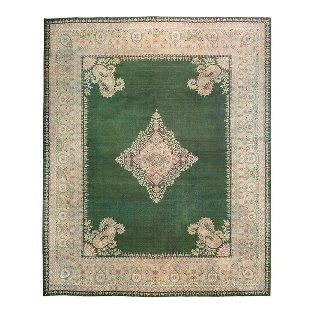 Magnificent Green Open Field With Intricate Floral Medallion Antique Indian Amritsar Rug For Sale