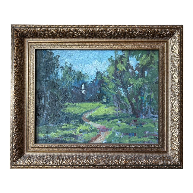 1970 European Oil Painting of a Path in the Woods, Framed For Sale