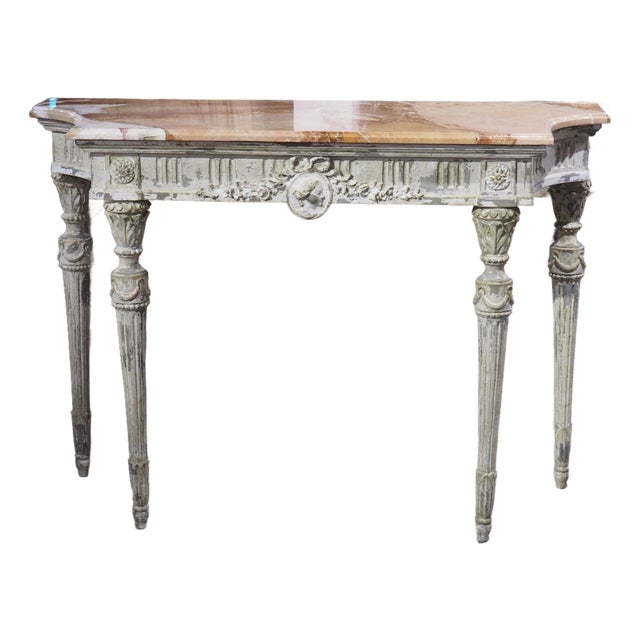 Antique French Painted Louis XVI Style Console Table With Marble Top For Sale