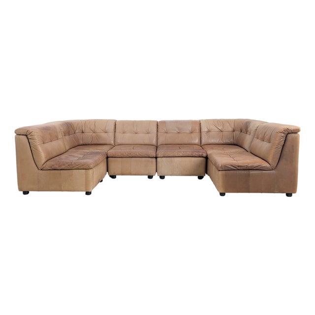 Mid-Century Modular Corner Sofa in Brown Leather, Set of 7 For Sale