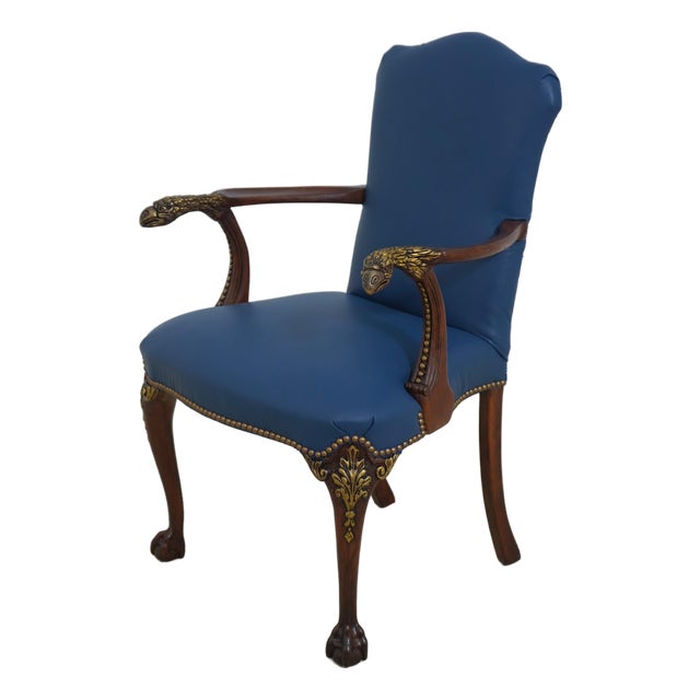 Eagle Carved Arm Blue Leather Armchair For Sale