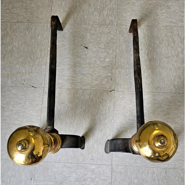 Pair 18th Century Early American Brass and Iron Canon Ball Andirons For Sale In Washington DC - Image 6 of 8